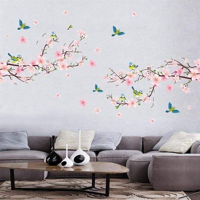 Wajade Peach Blossom Birds Wall Stickers Watercolor Pink Flowers Blue Green Magpies on The Tree Wall Decals Removable Self-Adhesive Wall Art Stickers for Living Room Bedroom Hallway