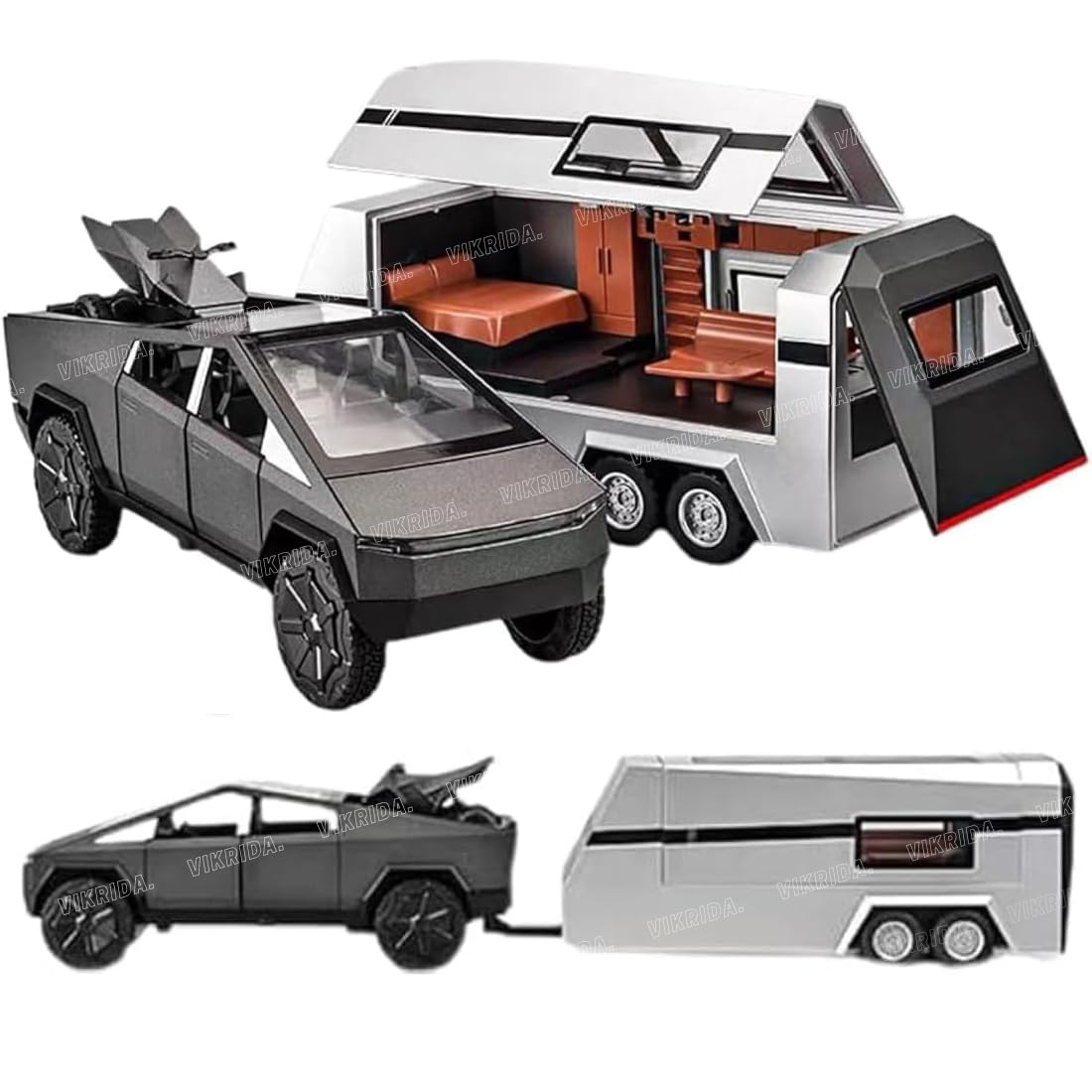 VikriDA 1:32 Scale Pickup Truck with Trailer RV Model Toy – Die-Cast Metal Off-Road Vehicle with Sound & Light – Black