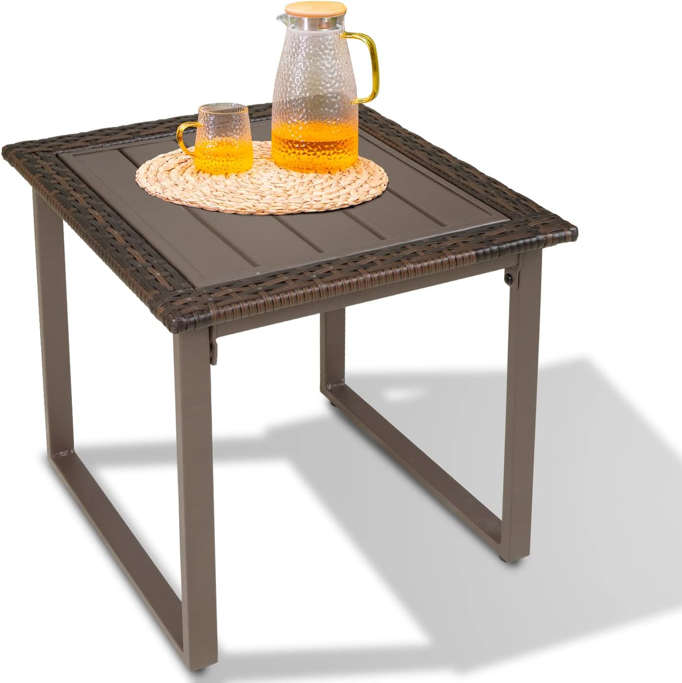 Outdoor Patio Side Tables Set of 2, 2PCS PE Wicker Outside Coffee Table for Porch, Yard, Balcony, Black Frame Patio End Table