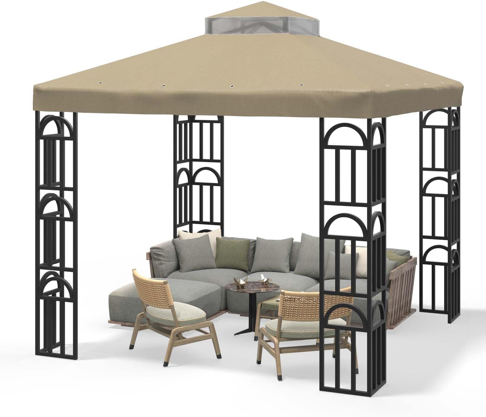 Go Beyond Gazebo 10x10 Canopy Replacement Top, Double Tiered Gazebo Covers with Air Vent, Pavilion Cover Sunshade Polyester, for Garden, Patio, Grill (Khaki)