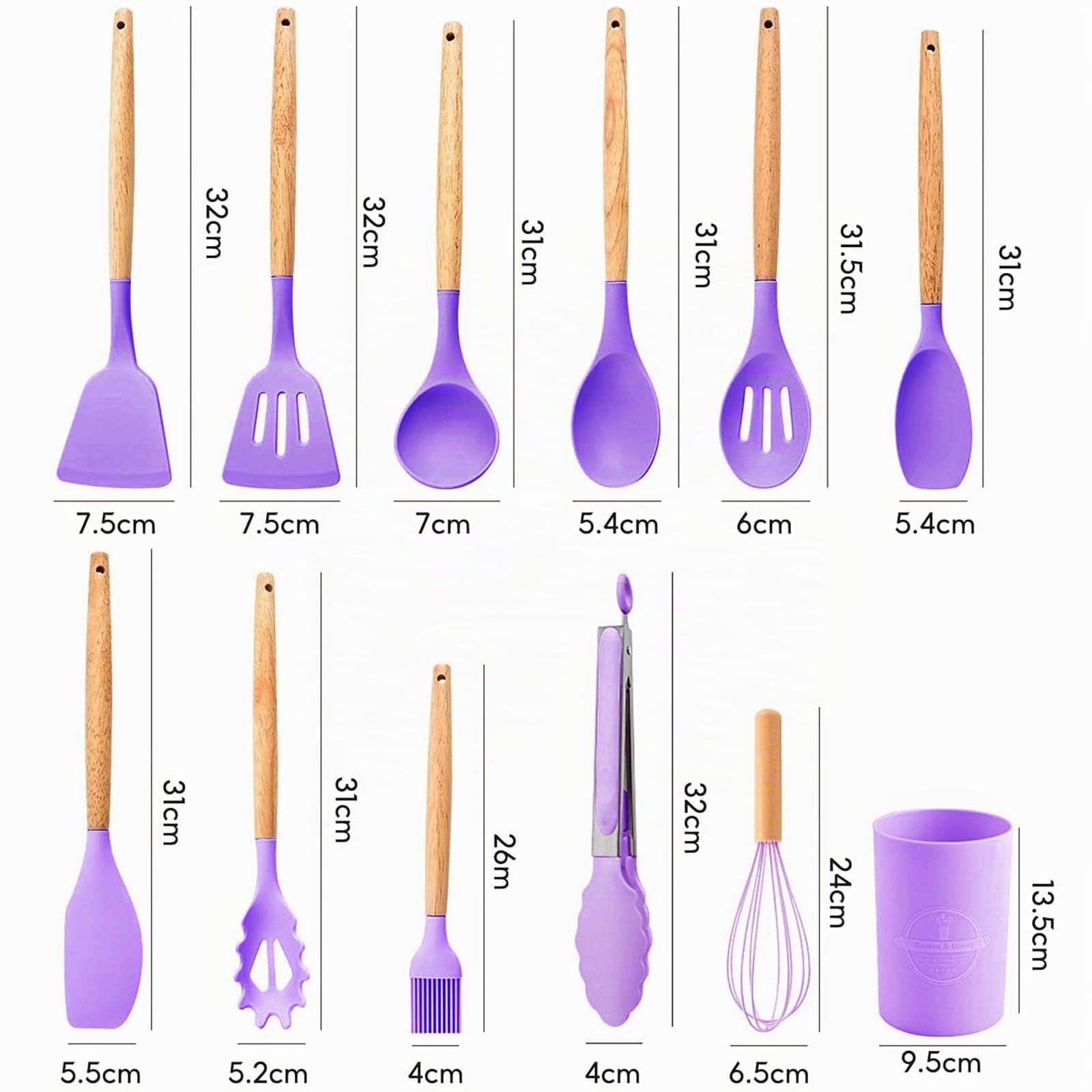 Set di utensili da cucina, 12 pezzi, set di utensili da cucina in silicone con manico in legno, resistenti al calore, antiaderenti, set di utensili da cucina in silicone, adatti per la cucina (viola)