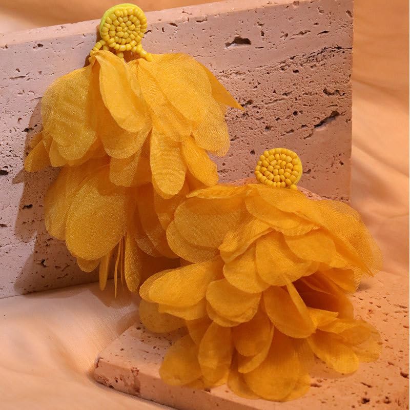 Bohemian Flower Drop Dangle Earrings Vintage Handmade Chiffon Floral Long Tassel Earrings Exaggerated Big Flower Stud Earrings Wedding Bridal Party Ear Jewelry for Women3
