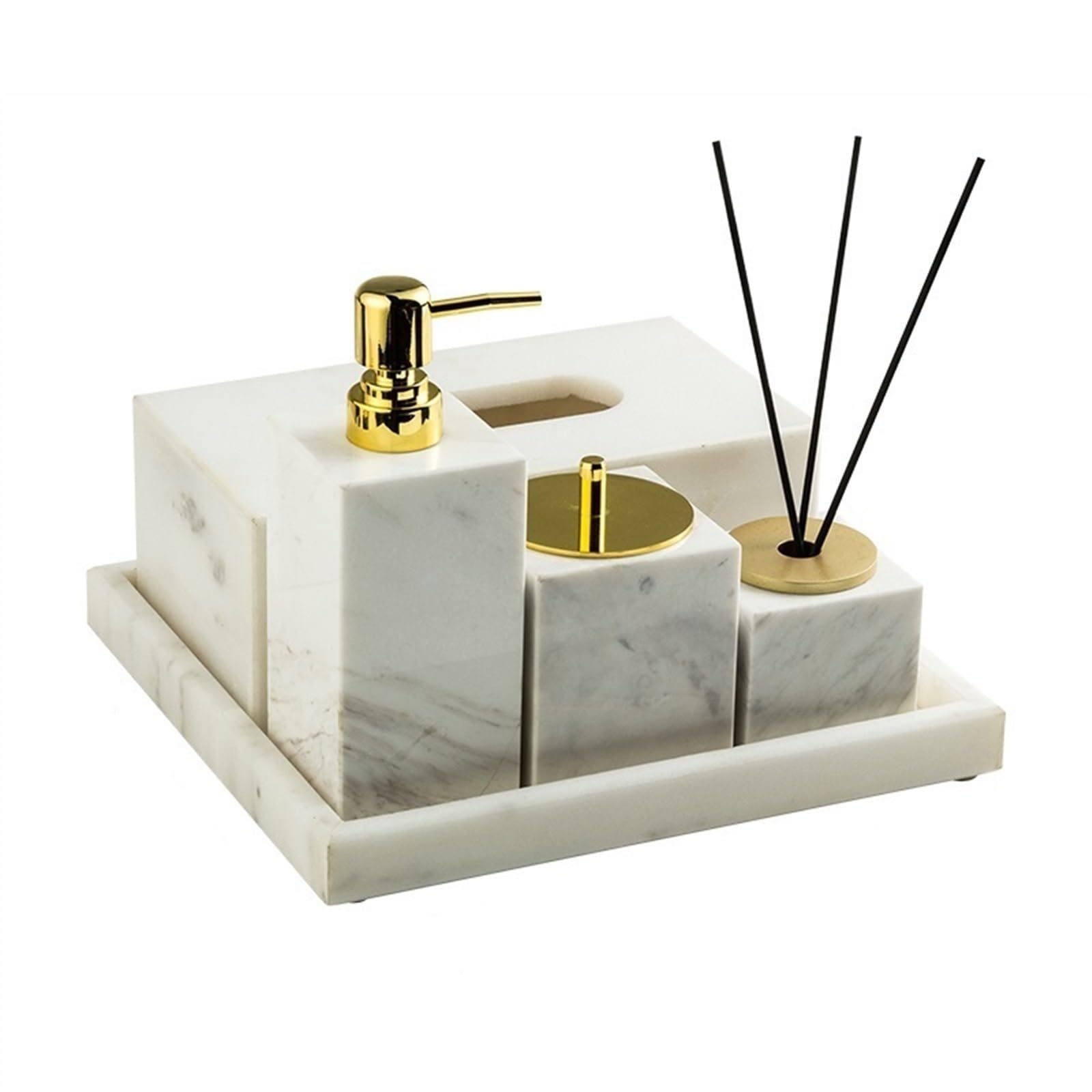 Dispensador Jabon Juego de accesorios de baño de mármol de lujo de 5 piezas, dispensador de jabón de mármol, 1 dispensador de loción, 1 caja de pañuelos, 1 organizador de palillos de dientes, 1 botell