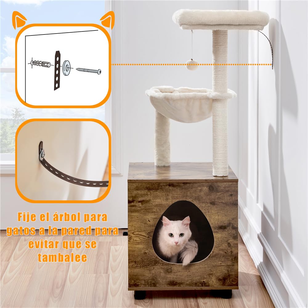 Yaheetech Árbol Rascador para Gatos con Mueble Casita de Arena 2 en 1 Altura 125 cm Marrón Rústico