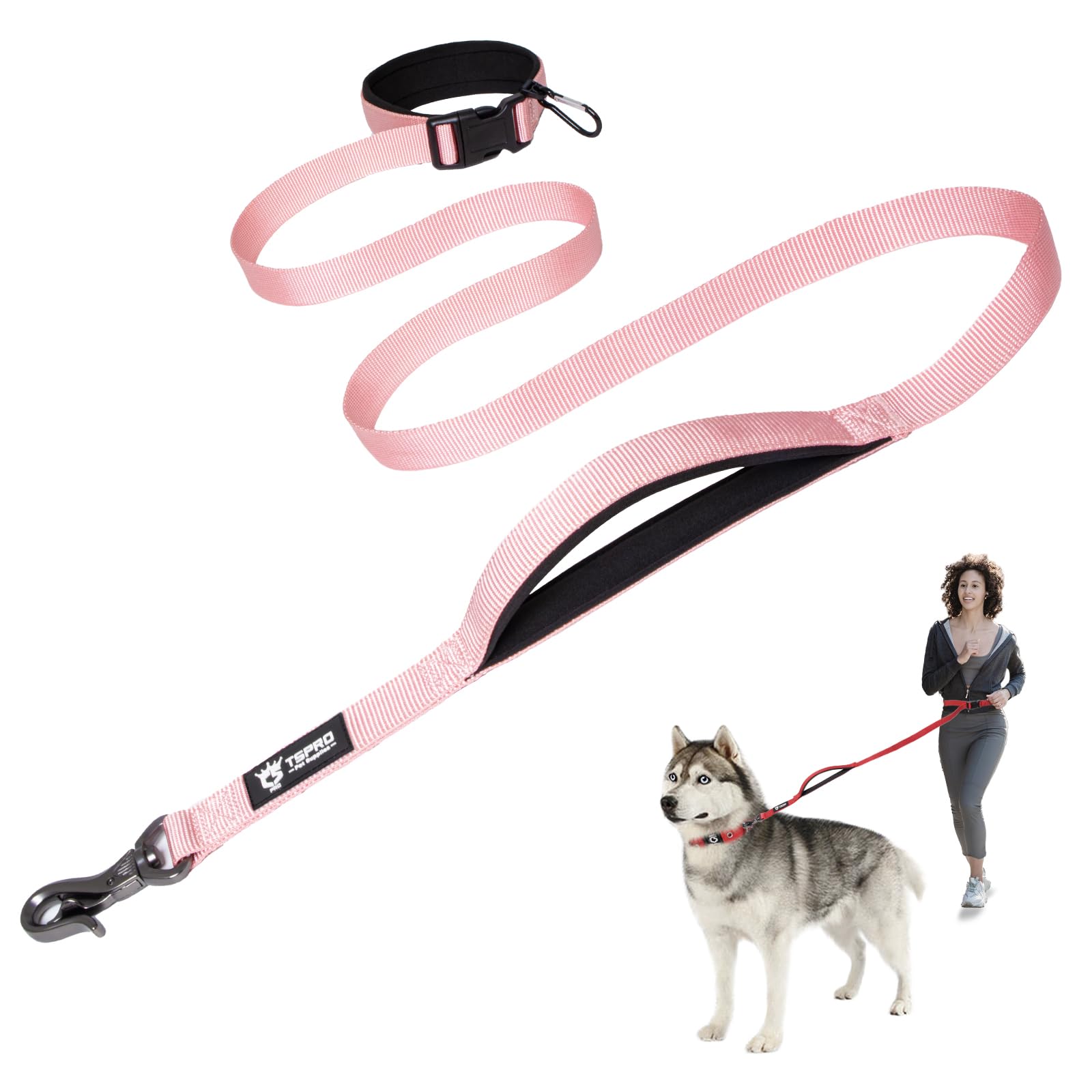TSPRO Freihandleine Hund für Mittel bis Große Hunde, Verstellbar und Dauerhaft, mit Weichem Gepolstertem Griff und Metallschnalle (Rosa)