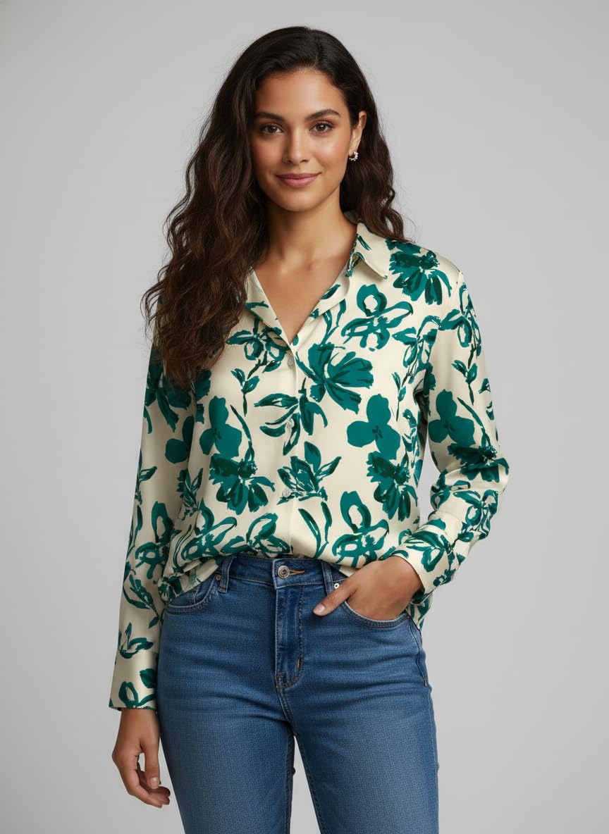 ANNI Designer Bedrucktes Hemd aus Baumwollmischung für Damen, langärmelig, normale Passform, Hemdkragen, lässig, Bürokleidung, stilvolle Westernkleidung für den Alltag, Hochzeit, Party