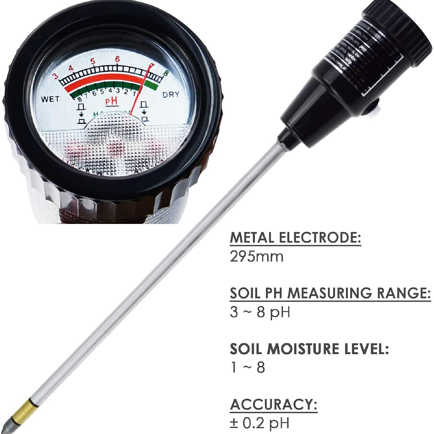 Testeur de sol professionnel, testeur de pH et d'humidité du sol, avec sonde à électrode métallique de 295 mm, haute précision, affichage numérique à cadran clair, favorise la santé des plantes, pour