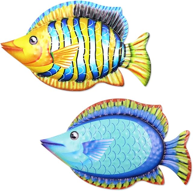 Haohai 2Pcs Metal Fish Wall Art Decor, Metal Fish Wall Sculptures, Ocean Themed Metal Art Wall Decor, Metal Tropical Fish Art Wall Decoration (orange,blue)