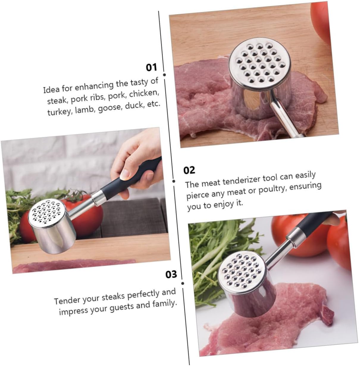 Hemobllo Stainless Steel Meat Tenderizer Hammer with Black Non-slip Handle, Dual-sided Kitchen Pounder for Beef, Pork, and Steak, Heavy-duty Meat Mallet for Poultry and Bbq Preparation