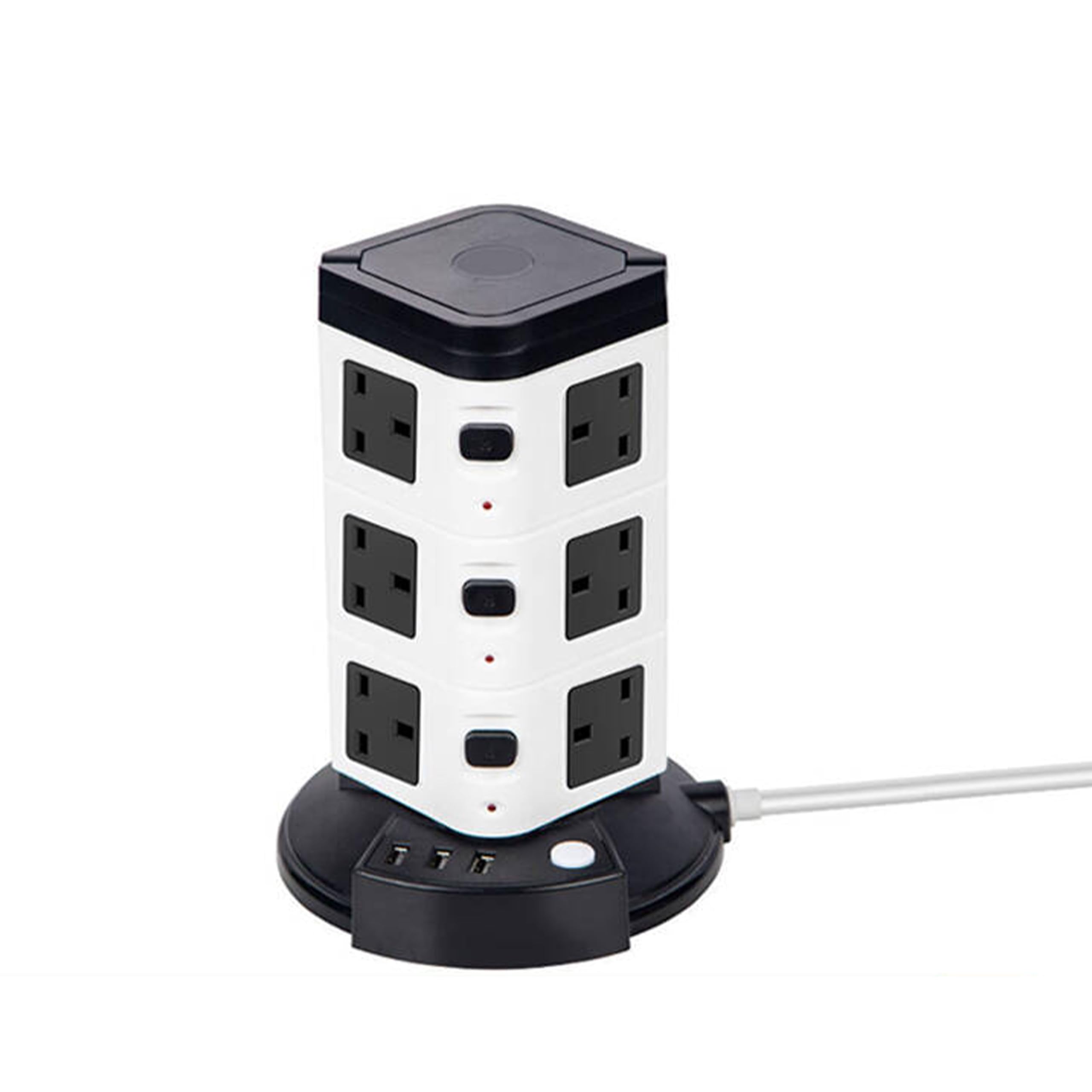 16-in-1 Tower Extension Lead with USB Slots – 12 AC Sockets & 3 USB Ports, 3-Tier Switches, Fireproof Extension Tower – Compact Plug Tower for Home/Office