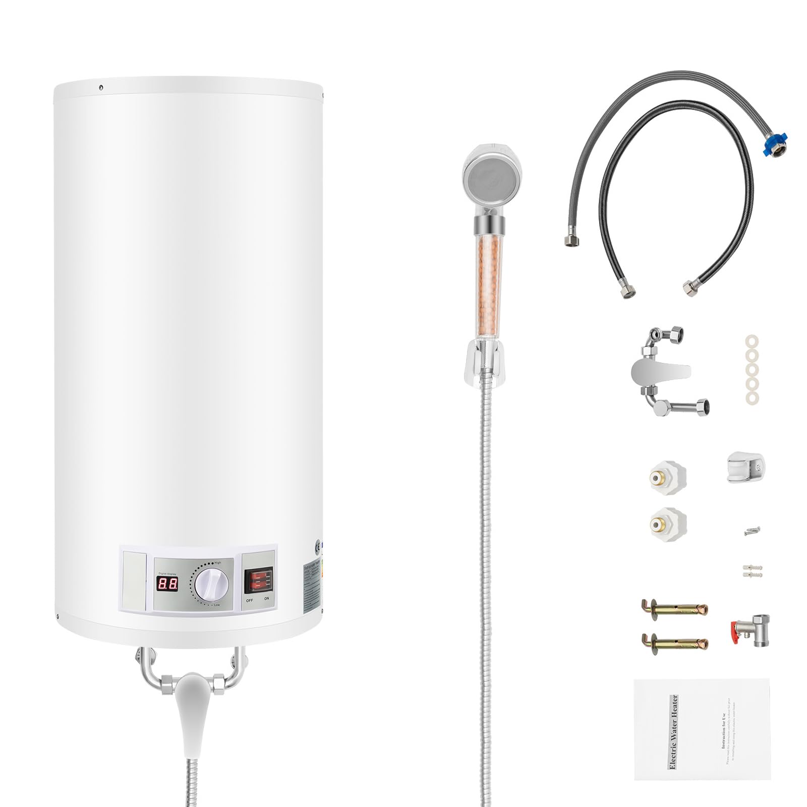 Termo Electrico 50 Litros,Calentador de Agua EléCtrico Vertical con Luz Piloto Y RegulacióN Exterior,2000w, Incluye Kits de InstalacióN y Duchas,Resistencia de Acero Inoxidable, Blanco