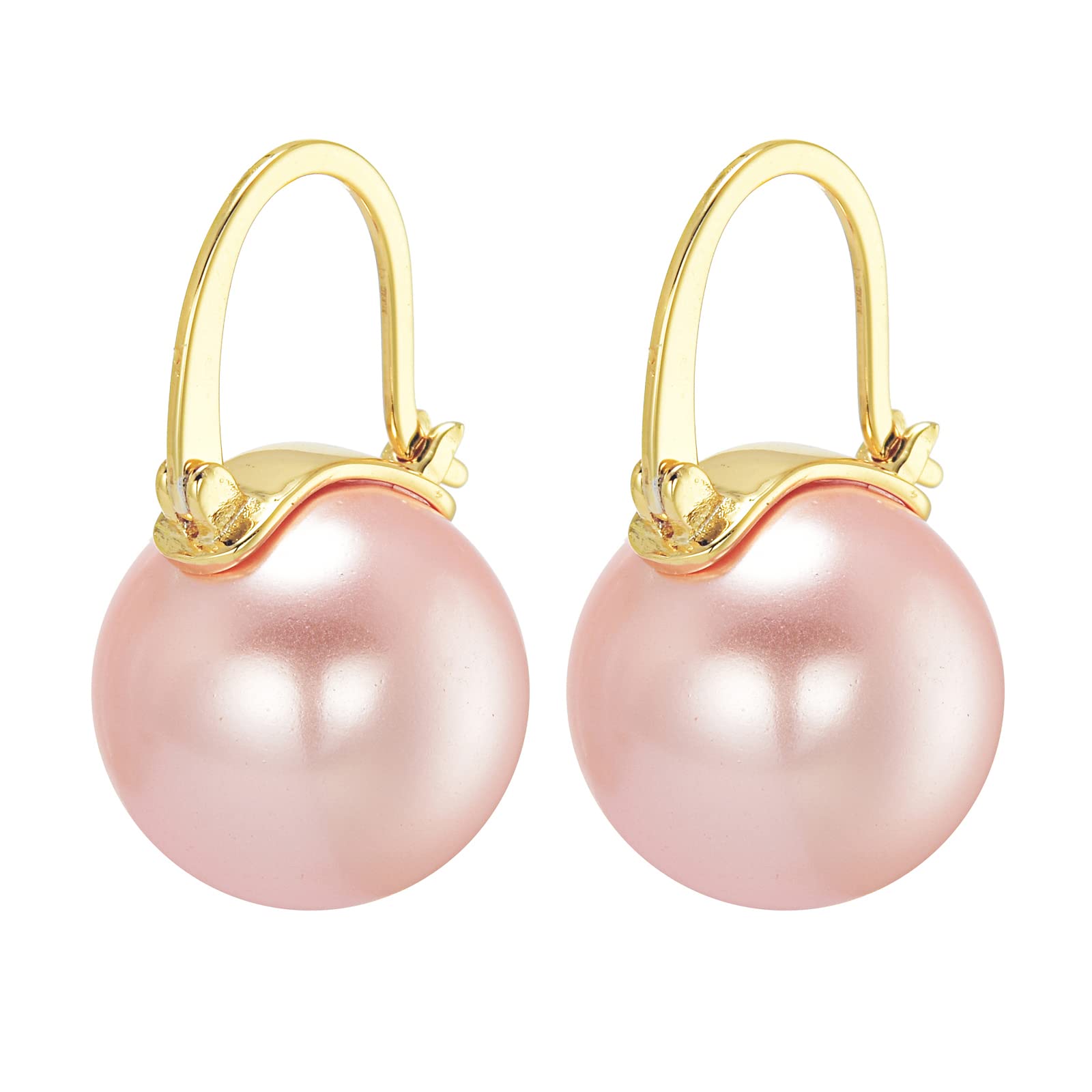 925 Sterling Silver Simulated Shell Pearl Earrings for Women Trendy, Big Pearl Drop Earrings Leverback Stud,14K Gold Plated Large Pearl Hoop Dangle Hypoallergenic Jewelry 14mm