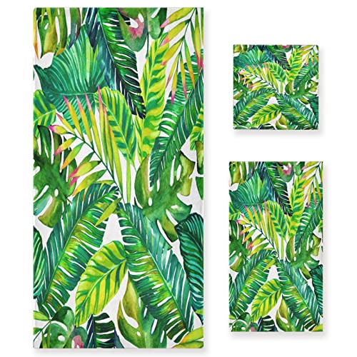 Quteprint Juego de 3 toallas de baño tropicales de hojas de palmera, toallas absorbentes, 1 toalla de baño + 1 toalla de mano + 1 paño para la cara, juego de 3 toallas multiusos súper suaves para baño