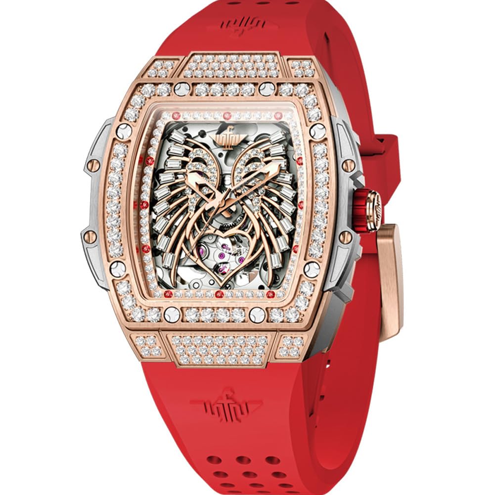 OUPINKE Orologi automatici da donna alla moda scheletro cavo Squre orologi da donna diamanti oro rosa impermeabile luminoso meccanico orologio da donna rosso bianco cinturino in silicone morbido