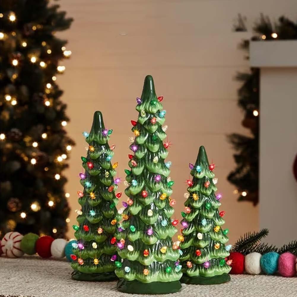 Árboles De Navidad Retro Pintados a Mano Con Temporizador, Luces LED Y Pilas. Decoración Navideña Para El Hogar, Chimenea, Adorno Festivo Coleccionable, Regalo De Navidad.(3pcs Warm White)