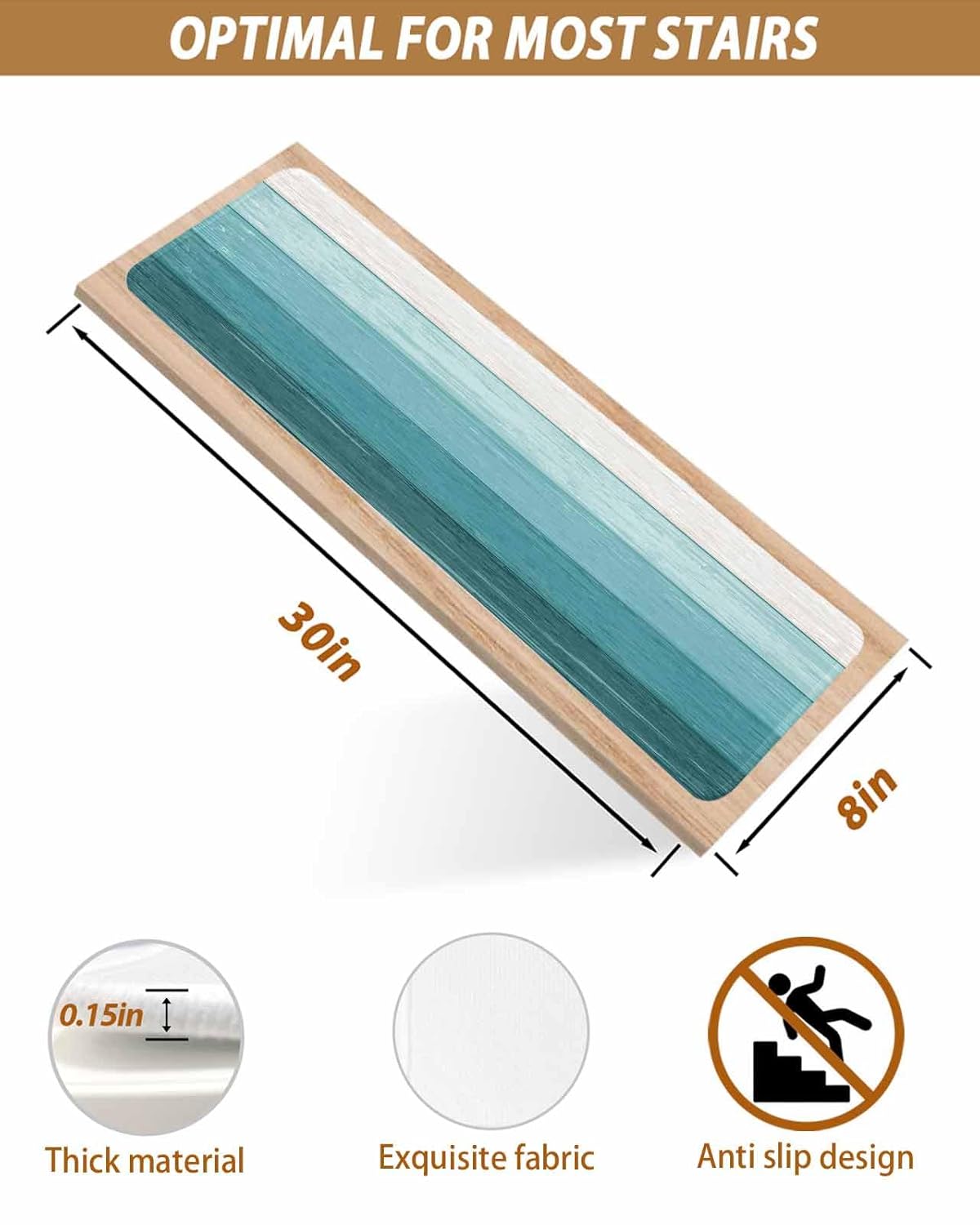 Turquoise Farmhouse Stair Treads for Wooden Steps Indoor Runner Rug Carpet 4 Pieces Peel and Stick Staircase Step Treads Covers Throw Door Mats 30"x8" Country Vintage Stripe Minimalist Geometric