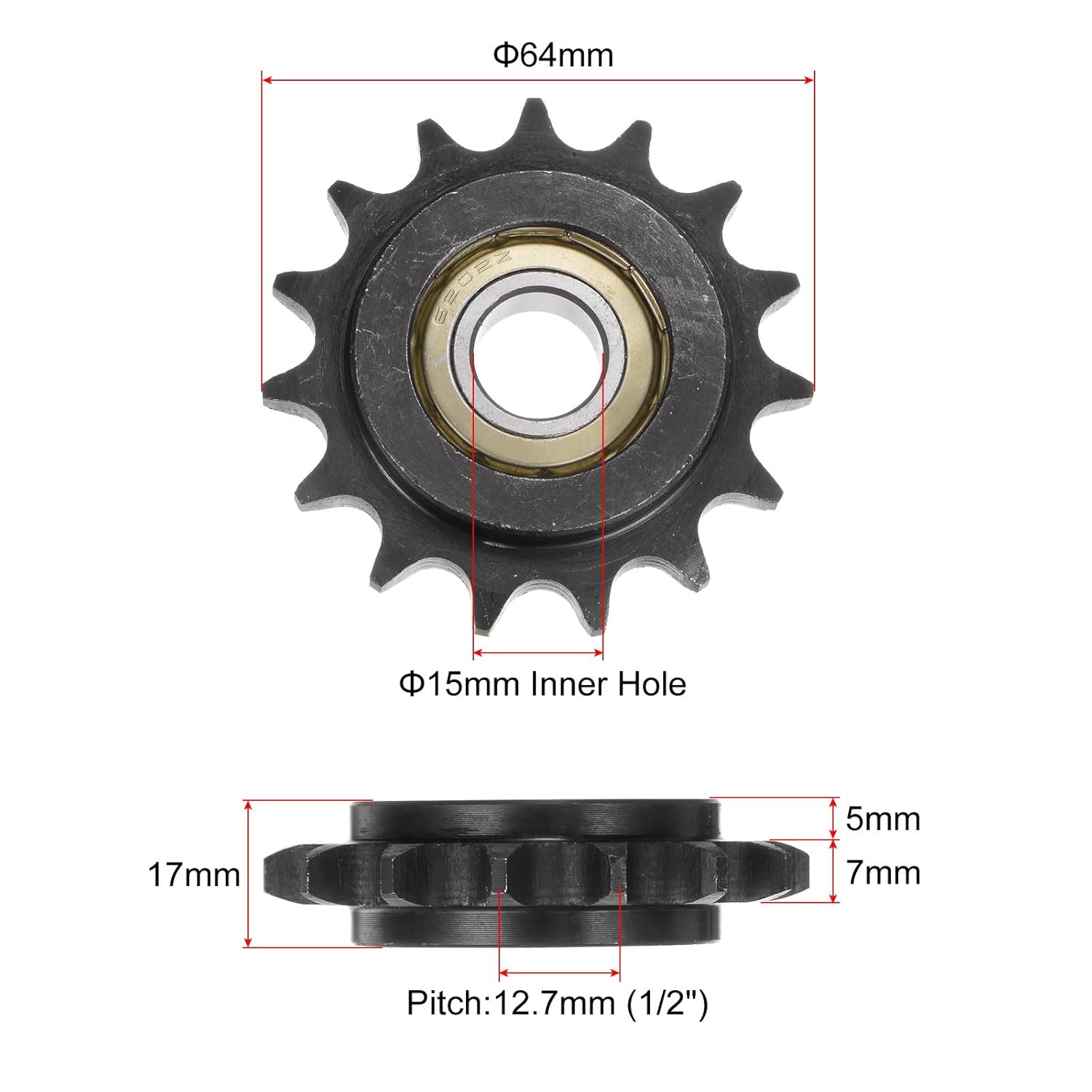 uxcell 2pcs ANSI #40 / DIN(ISO)08A Roller Chain Idler Sprocket 15mm Bore, 1/2" Pitch, Hardened 15 Tooth Tensioner Sprocket, Insert Single Bearing (B Type)
