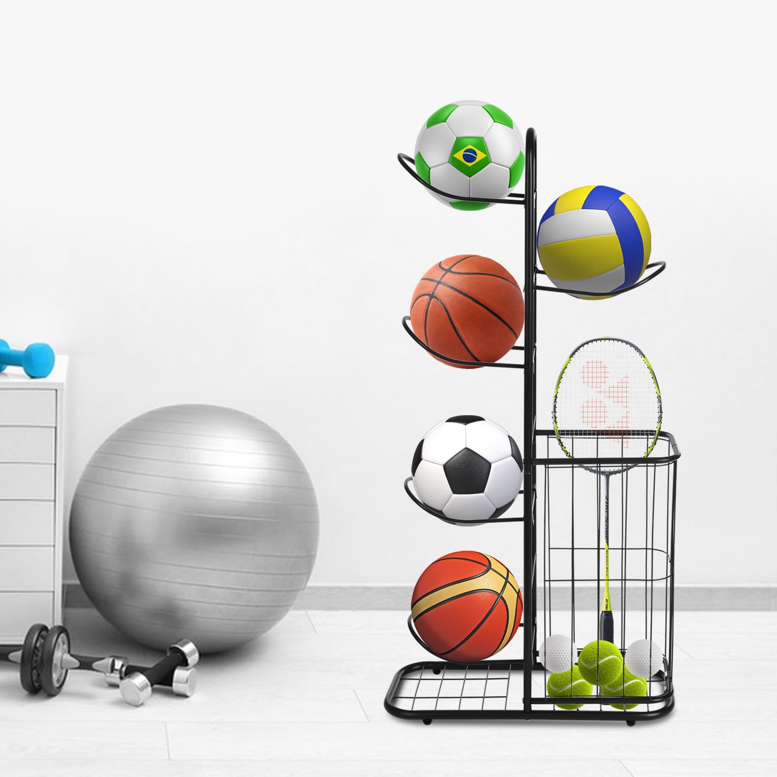 Soporte para pelotas de baloncesto, con 5 soportes y cestas, soporte de metal para equipos deportivos, para baloncesto, voleibol, fútbol