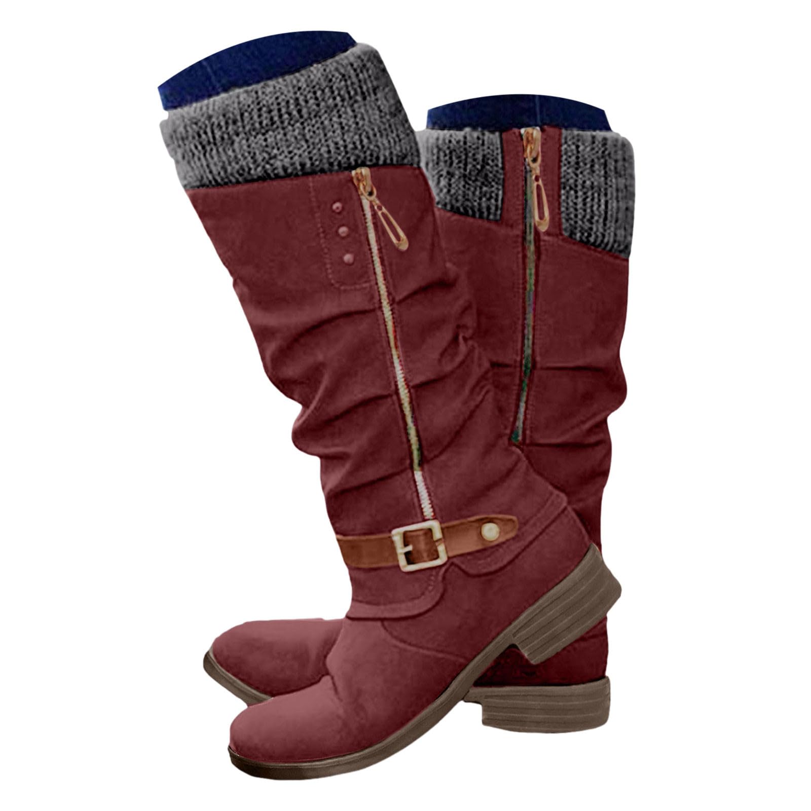 Women Winter Knee High Boots Wide Calf Slouchy Ruched Leather Knit Cuff Chunky Block Heel Buckle Strap Side