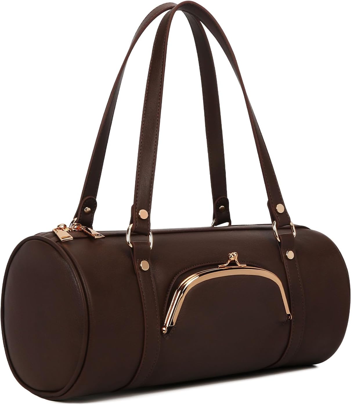 Kisslock Barrel Bag Designer Shoulder Bag for Women,Pu Leather Boston Handbag Retro Y2k Bags Tote Purses