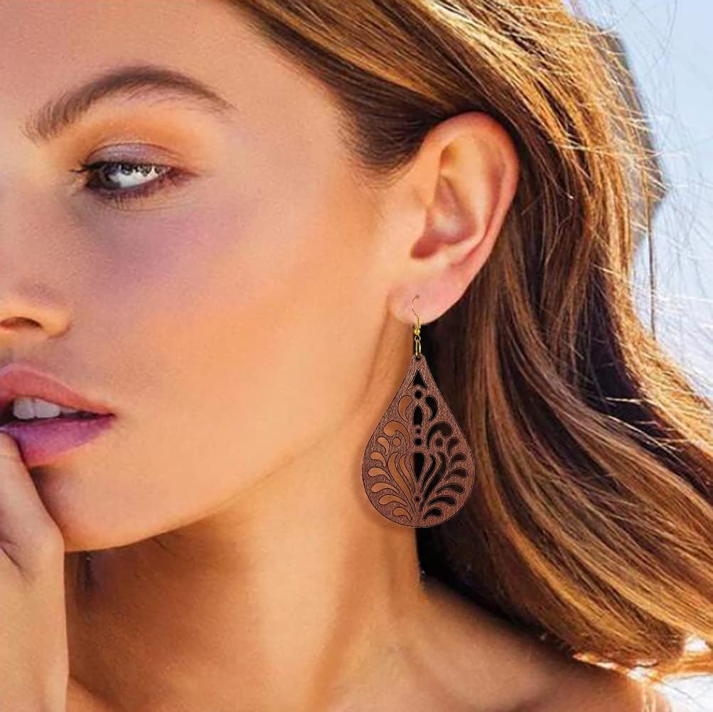 Wood Earrings for Women Natural Wooden Waterdrop Drop Dangle Earring - Image 4