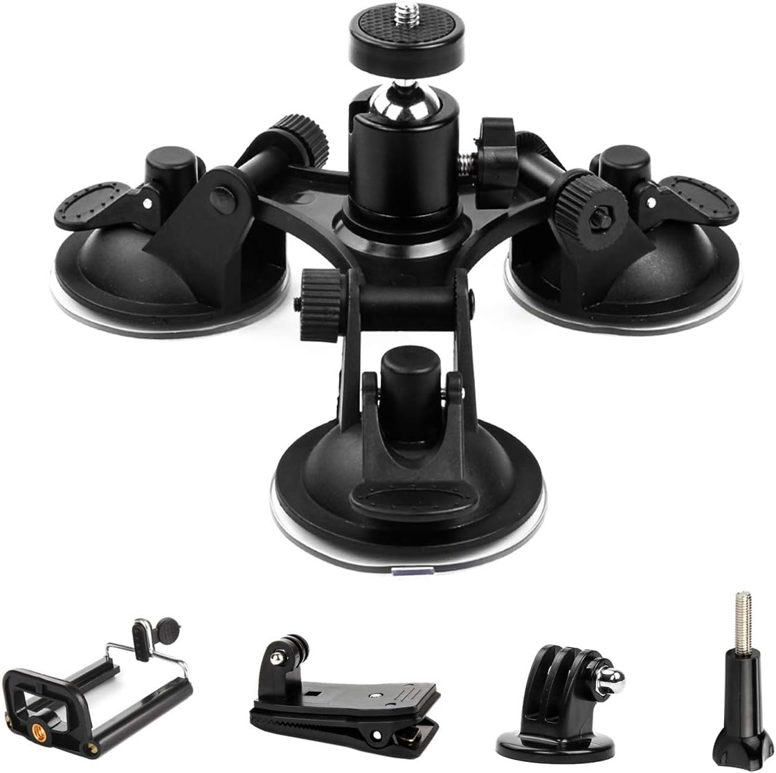 Triple Cup - Camera Suction Mount - Car Mount Triple Suction Cup Mount with 1/4 Threaded Head 360 Degree Tripod Ball Head