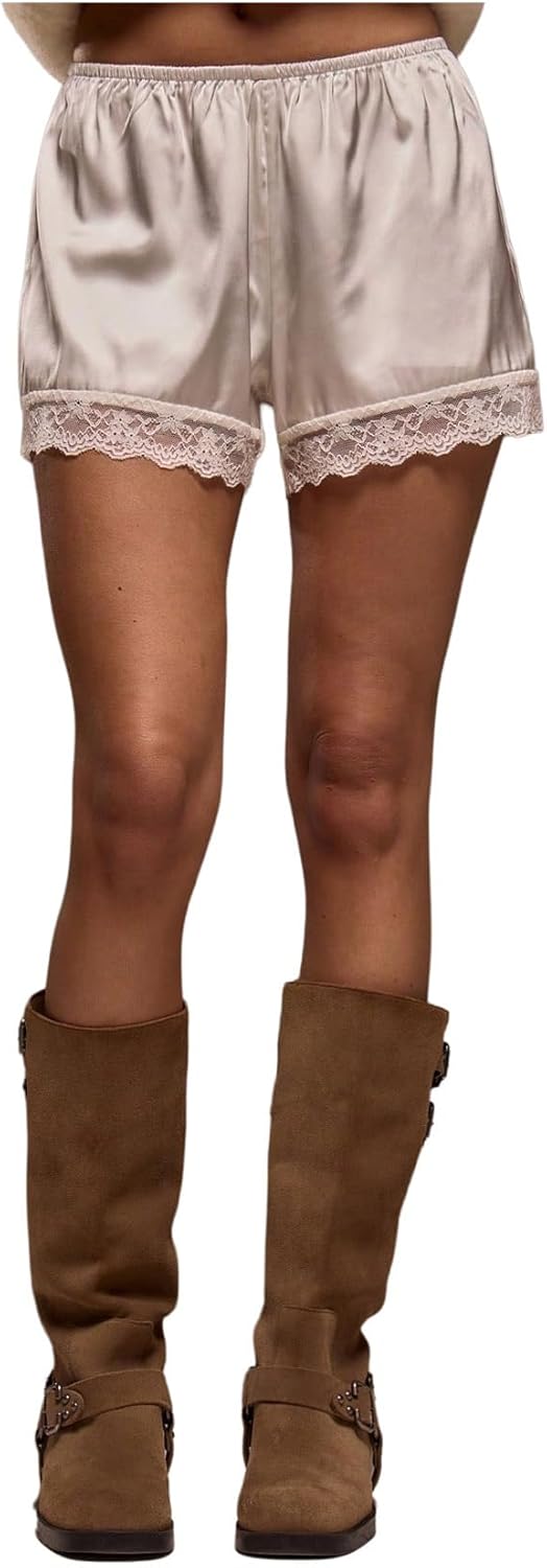 Women's Lace Trim Satin Shorts Shiny Elastic Waist Mini Shorts French Knickers