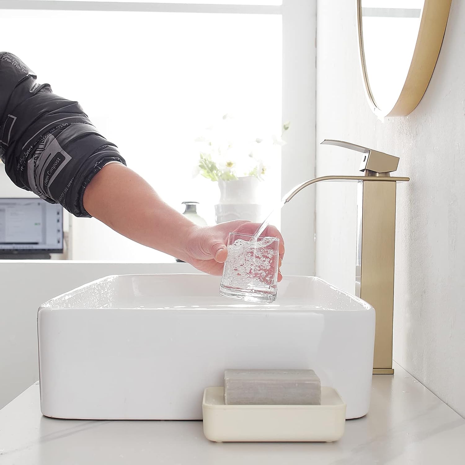 Homevacious Vessel Sink Faucet Tall Modern Waterfall Bathroom Faucet Single Handle 1 Hole Bowl Lavatory Vanity Rv Camper Farmhouse Sink Faucet with Pop-Up Drain and 2 Supply Hoses - Brushed Gold