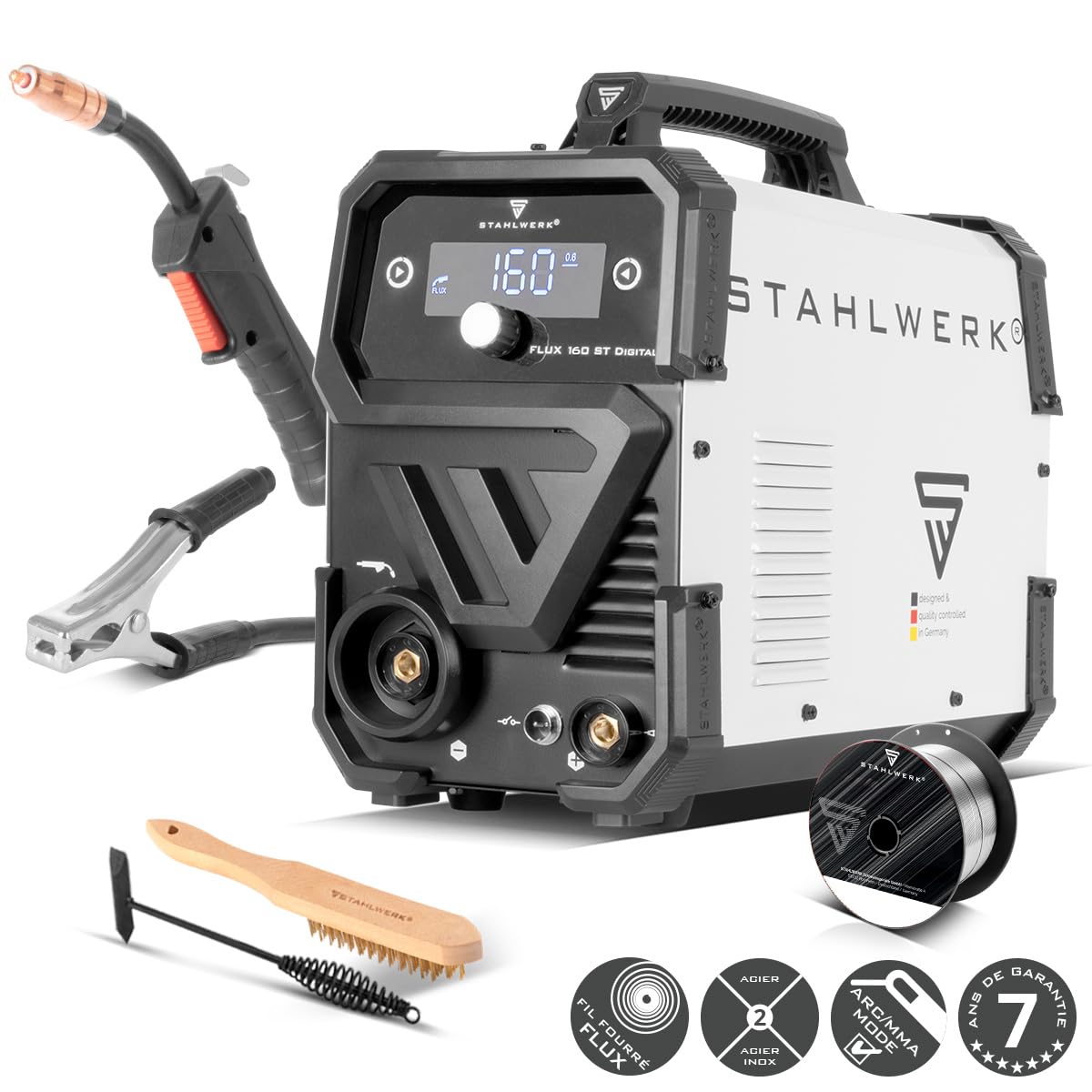 STAHLWERK Poste à souder FLUX 160 ST Digital – Combiné 3-en-1 160 A, soudage au fil fourré sans gaz, MMA (ARC), Lift-TIG (DC), dévidage synergique, éclairage LED, technologie IGBT