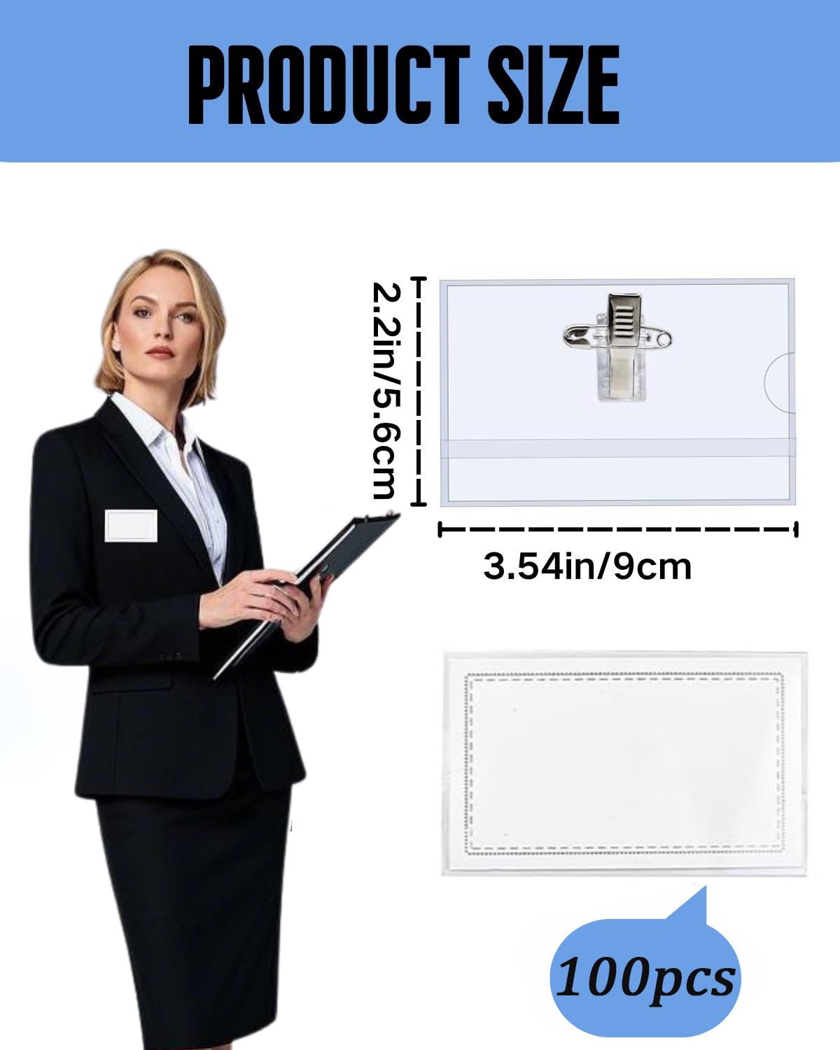 100 placas de identificación para ropa, 90 x 56 mm, transparentes, para identificación, identificación, con clip y pin para escuela, empresas, conferencias, viajes (100)