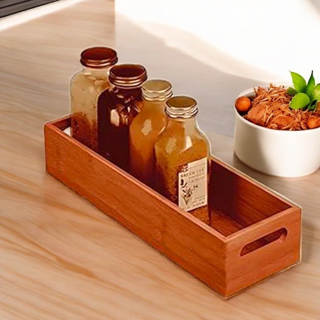 Wooden Storage Tray with Handles, Rectangular Organizer, Natural Brown Finish, Kitchen Counter Organizer-image-14