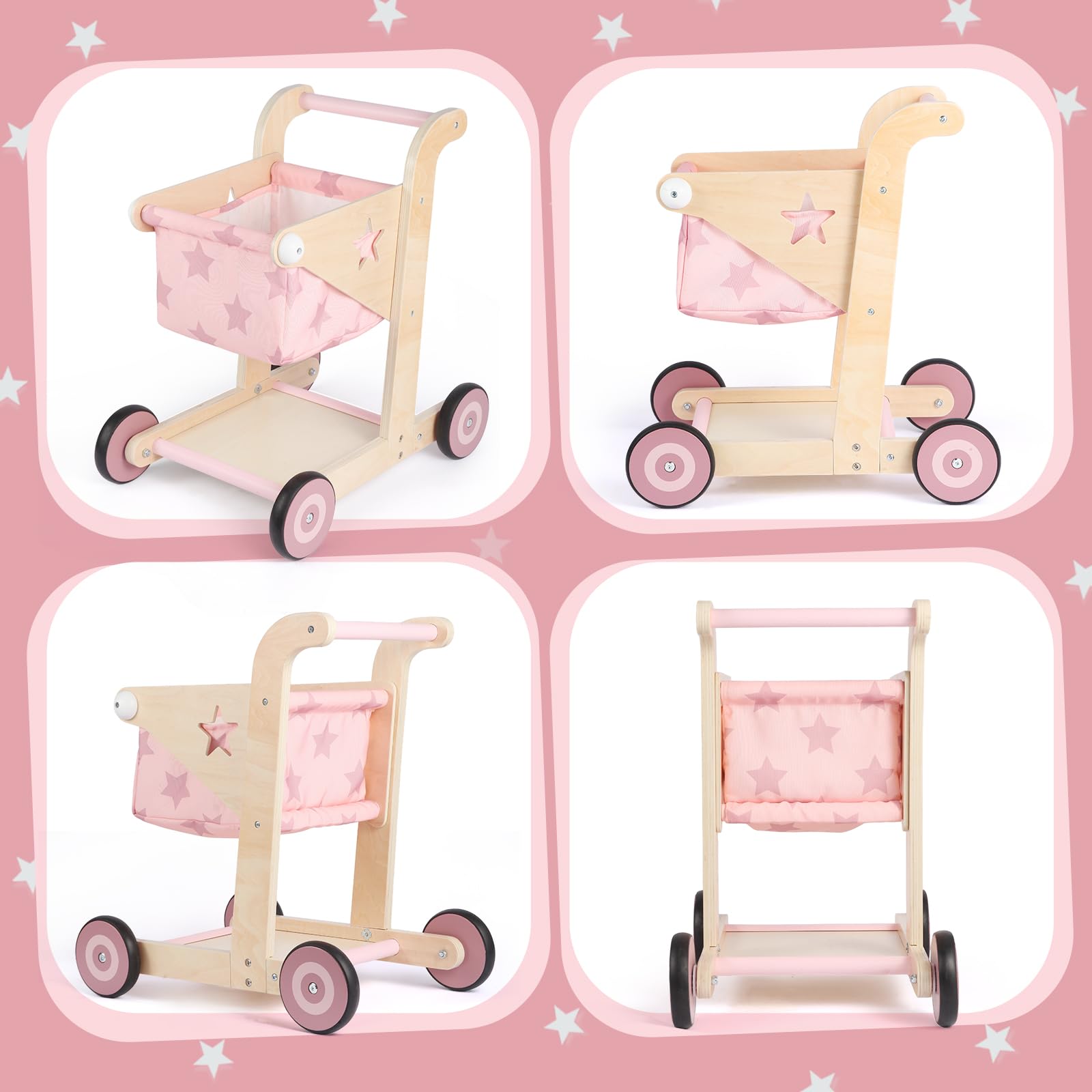 Asweets 2En1 Trotteur en Bois pour Bébé, Poussette pour Poupée, Chariot de Courses pour Garçons et Filles, Jouet d'Apprentissage Assis-Debout pour Tout-Petits (Rose)