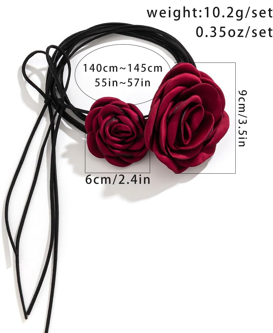 Vinatge Large Flower Choker Necklace 2pcs 3pcs Suede Long Wrap Necklaces Set Bow-knot Layered Tie Necklace with Artificial Rose Boho Party Accessories for Women - Image 4