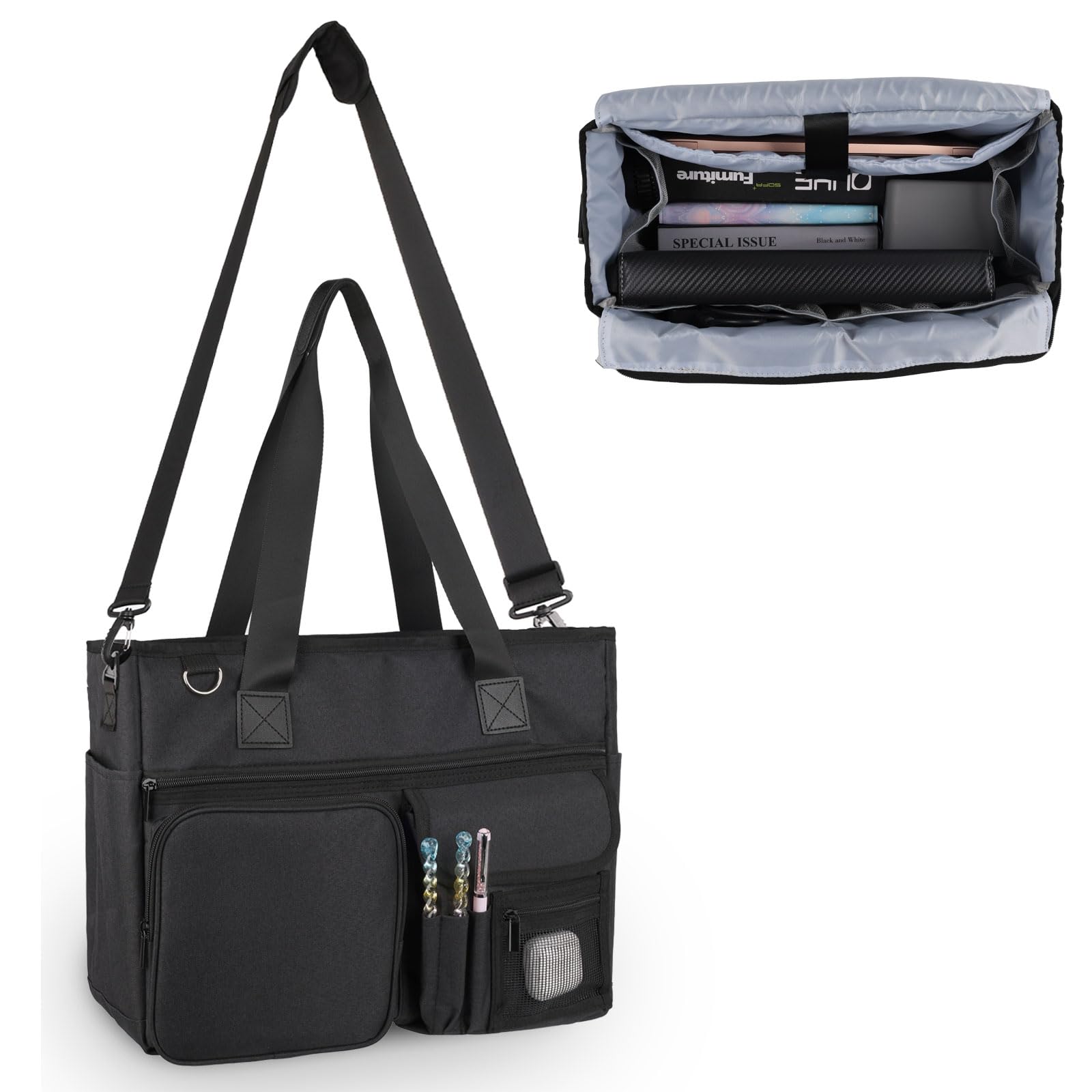 Borsa da Lavoro Portatile per Insegnanti con Tasche Multiple e Custodia Imbottita per Laptop, Grandi Borse Tote Ideale per Lavoro, Viaggi, Scuola, Ufficio, Affari - Nero