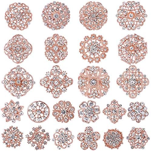 WeimanJewelry Silver/Gold Plated Assorted Crystal Rhinestones Brooch Pins Set for DIY Wedding Bouquets Kit (rose gold 24pcs)