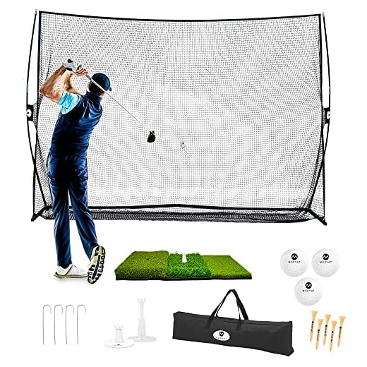 Golf Net by Morvat, 10x7FT Heavy Duty Practice Set with Golf Mat, 2 Adjustable Tees, 5 Wooden Tees, 3 Golf Balls, Carry Bag, Indoor/Outdoor, Durable Foldable Frame with High Impact Ball Netting