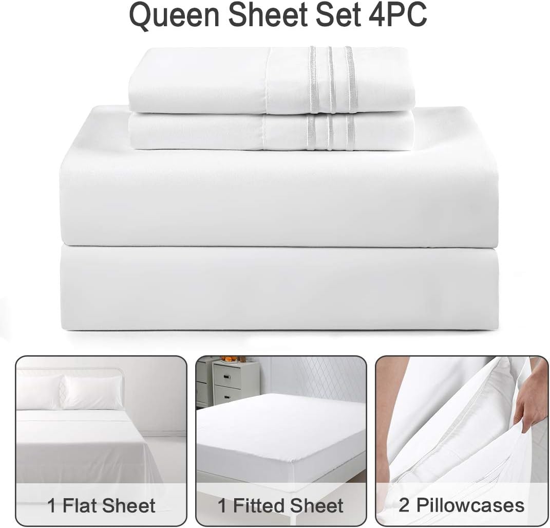 ASHOMELI Bed Sheet Set Queen Size Super Soft Microfiber 1800TC Bedding Sheets 10-16" Deep Pockets - Warm,Breathable,Wrinkle-4 Piece(Queen, White)…