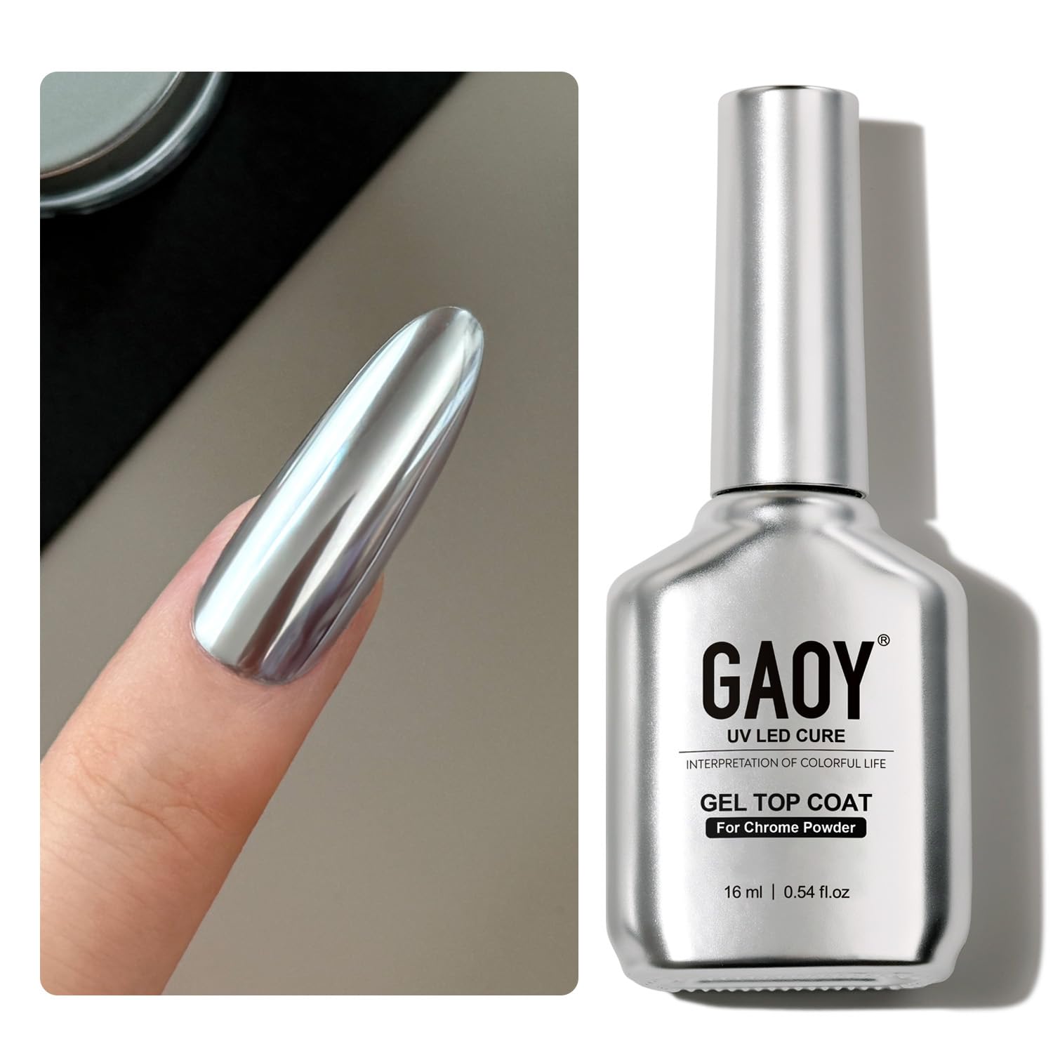 GAOY Gel Top Coat for Chrome Powder, Stick Powder for Flawness Chrome Finish, Clear No Wipe UV Light Cure, 16ml