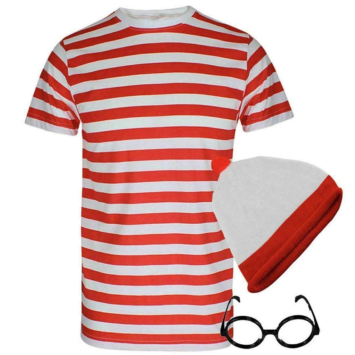 Mens Womens Red White Stripe T-Shirt Hat Glasses Set - Unisex 3 Pcs Book Week Fancy Dress Costume Outfit X-Large
