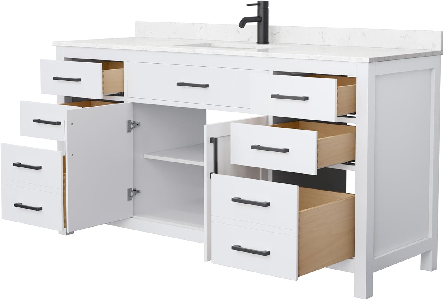 Beckett 66 Inch Single Bathroom Vanity in White, Carrara Cultured Marble Countertop, Undermount Square Sink, Matte Black Trim