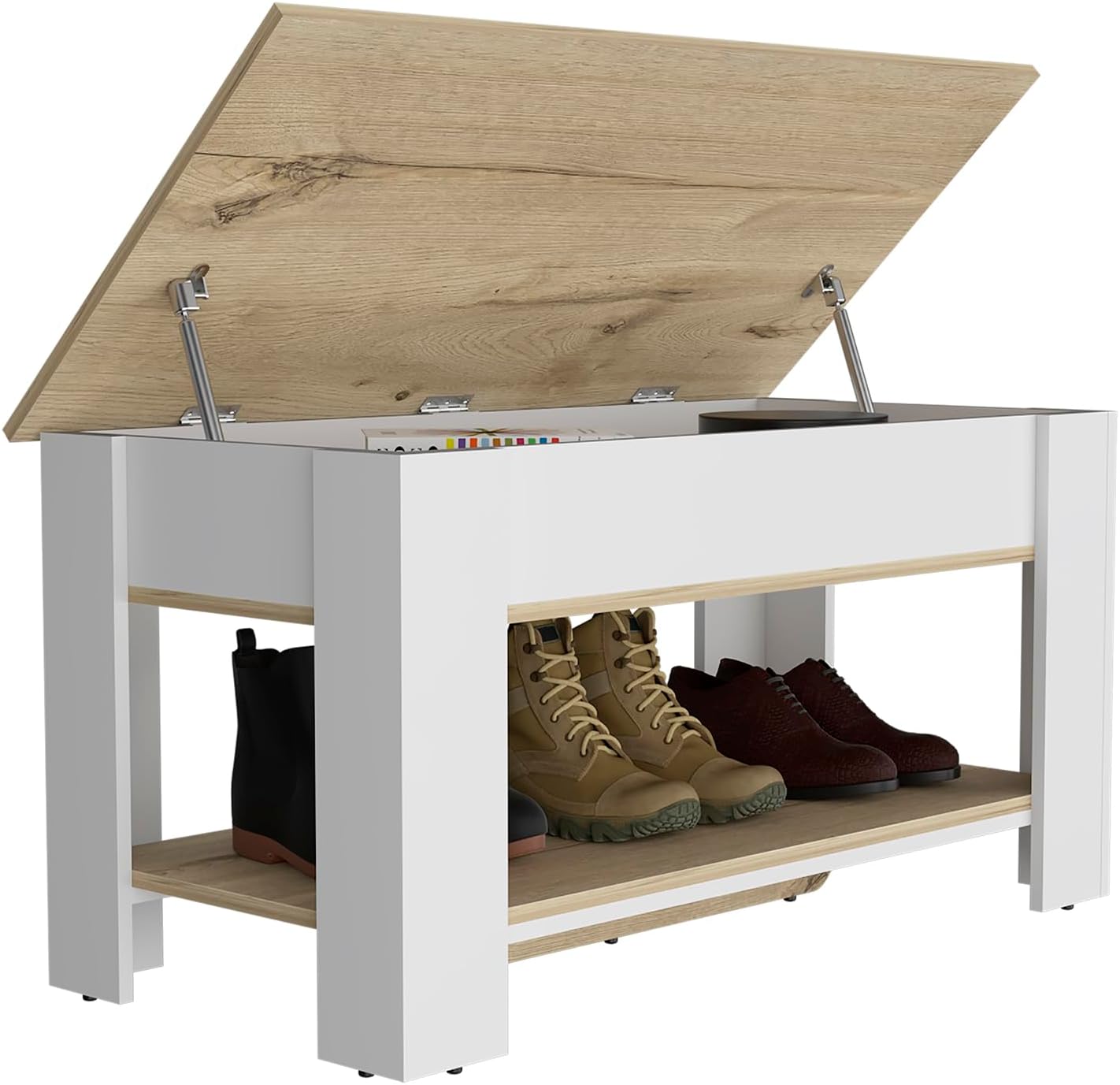 Modern Storage Bench Storage Table, One Extendable Table Shelf, Four Legs, Lower Shelf Light Oak/White