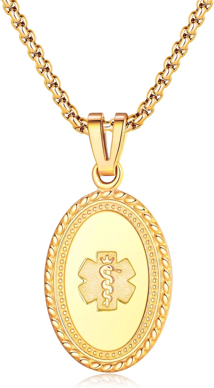 Divoti Custom Engraved Medical Alert Necklace for Women | Premier PVD/Stainless Steel Disc Pendant | 24-28” Foxtail Chain with Spring Ring Clasp Lock | Stainless Steel, Durable Waterproof