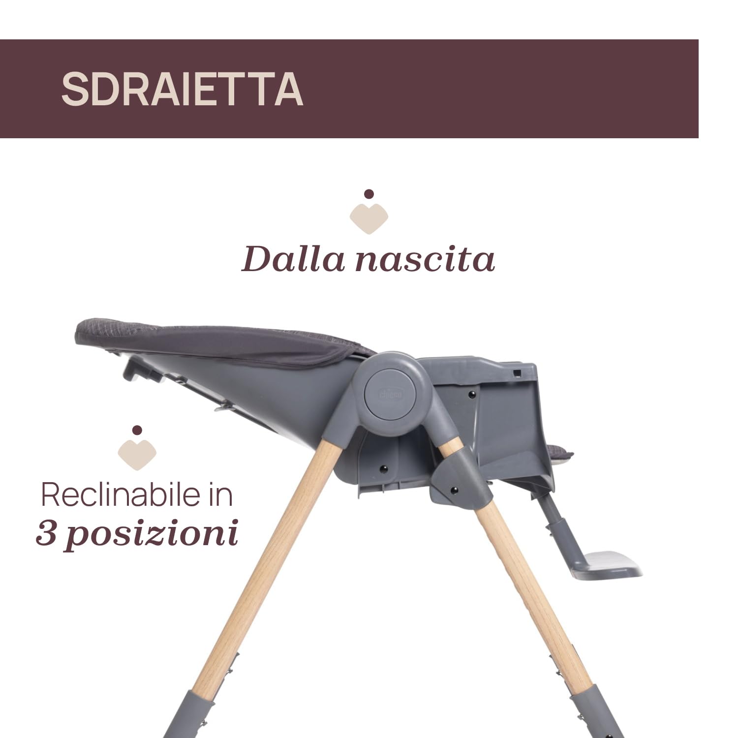 Chicco Polly Essential Seggiolone Pappa Evolutivo per Bambini da 0 Mesi a 15 KG, Reclinabile in 3 posizioni, 7 Livelli di altezza, Chiusura Compatta, Tessuto in poliestere riciclato, Grigio Scuro