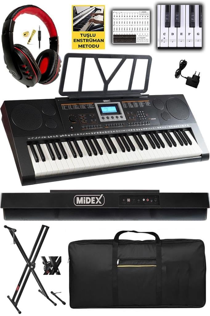 Midex PS-3500KS Tuş Hassasiyetli 61 Tuşlu Org (Stand Çanta Kulaklık Notalık Adaptör)