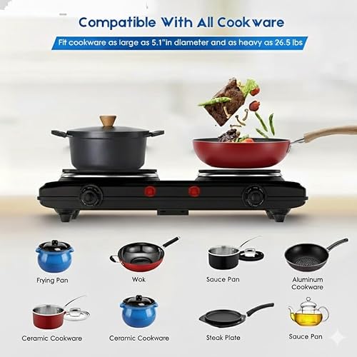 Miniatura 3 de EDB-302BF - Quemador de hierro fundido doble para encimera, placa eléctrica de 2000 vatios, controles de temperatura, luces indicadoras de