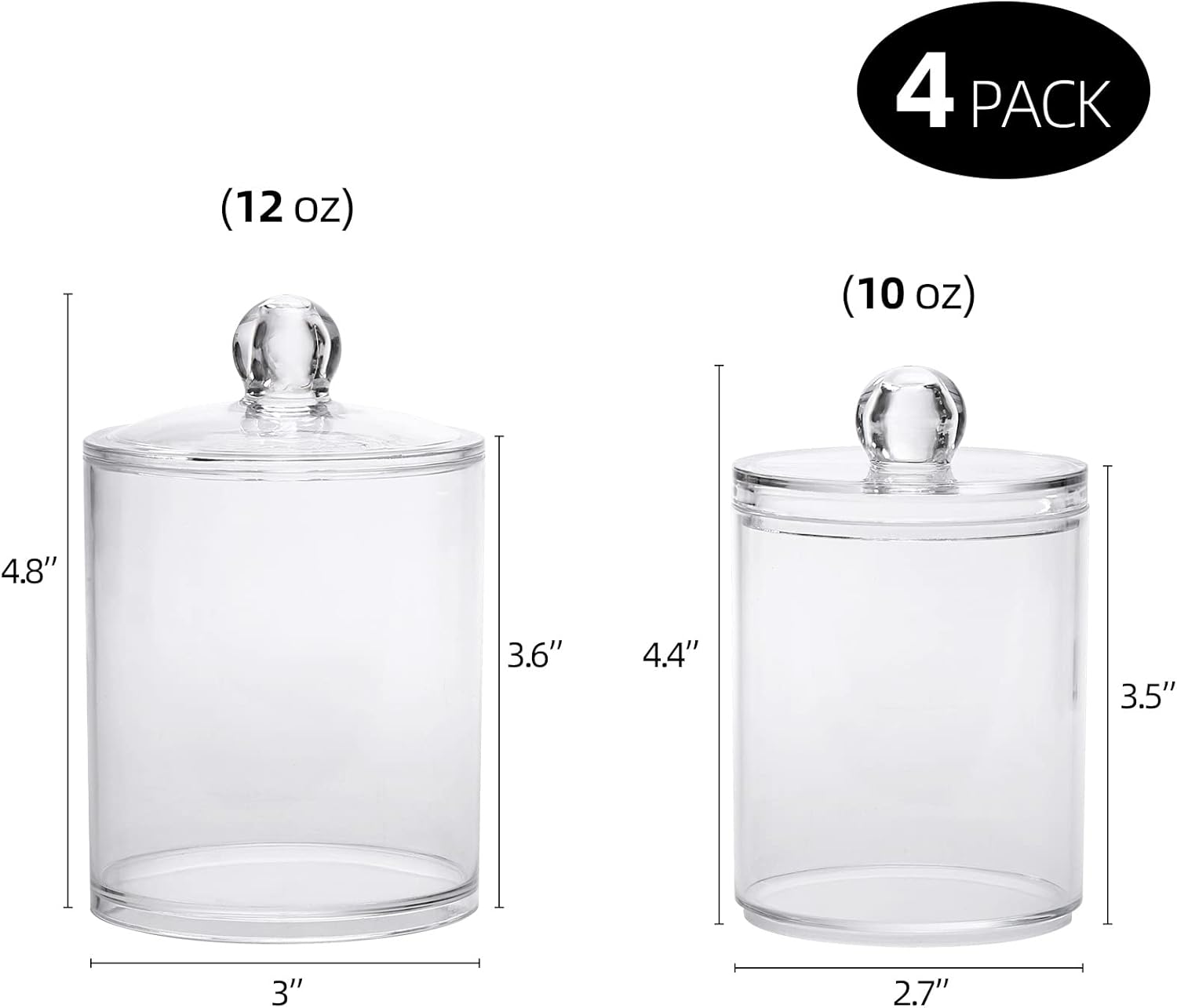 Tbestmax 4 Pack Qtip Holder - 10 oz, 12 oz Restroom Bathroom Organizers and Storage Containers, Clear Plastic Apothecary Jars with Lids for Cotton Ball, Cotton Swab, Cotton Round Pads, Floss