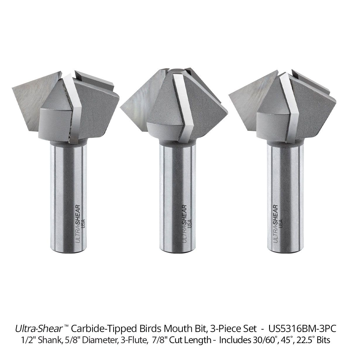 US5316BM-3PC - Set di punte per fresa a bocca di uccelli, 3 pezzi, 1/2 SH, 3 scanalature, punta in carburo, costruzione di cilindri e poligoni su più lati, prodotto negli Stati Uniti