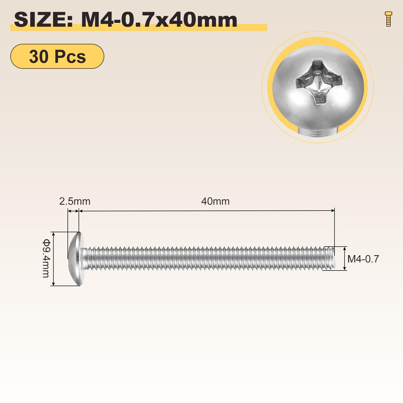 METALLIXITY Machine Screws Phillips Head(M4-0.7x40) 30Pcs, 304 Stainless Steel Round Head Phillips Drive Furniture Bolts - Image 2