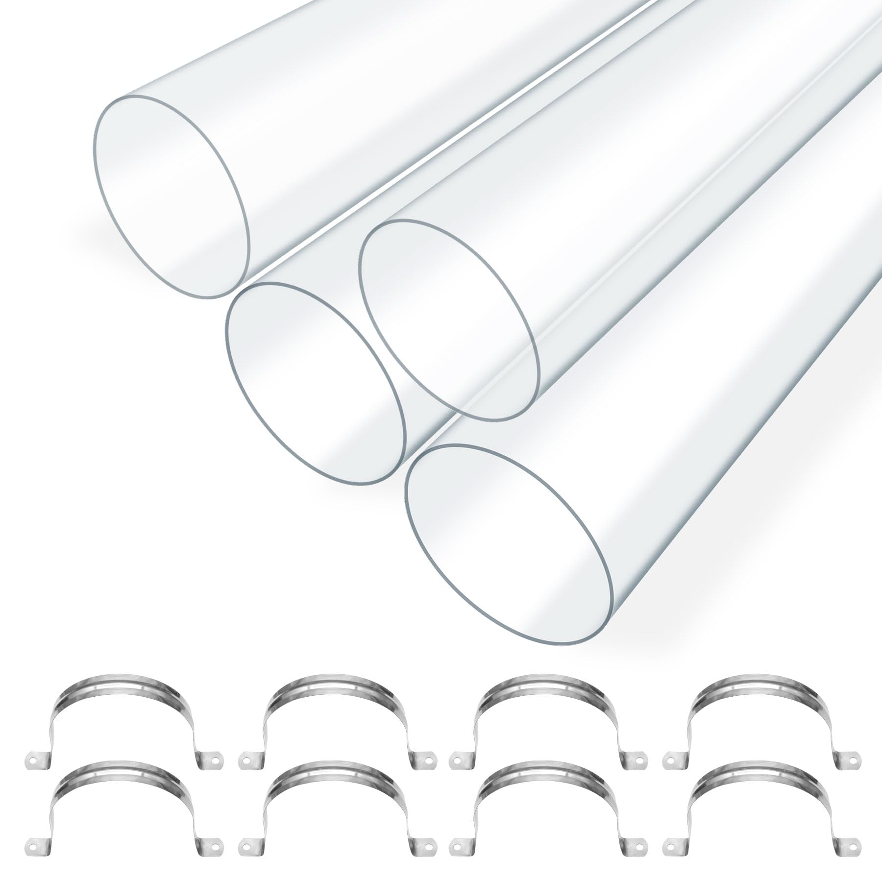 Zadery Clear PC Pipe 4" x 36" Long with Stainless Steel Hangers, 4PK Rigid Tubing with Heavy Duty U Bracket, Hose for Woodworking Tool, Dust Collection System, Bird Feeder, 3.9" O.D