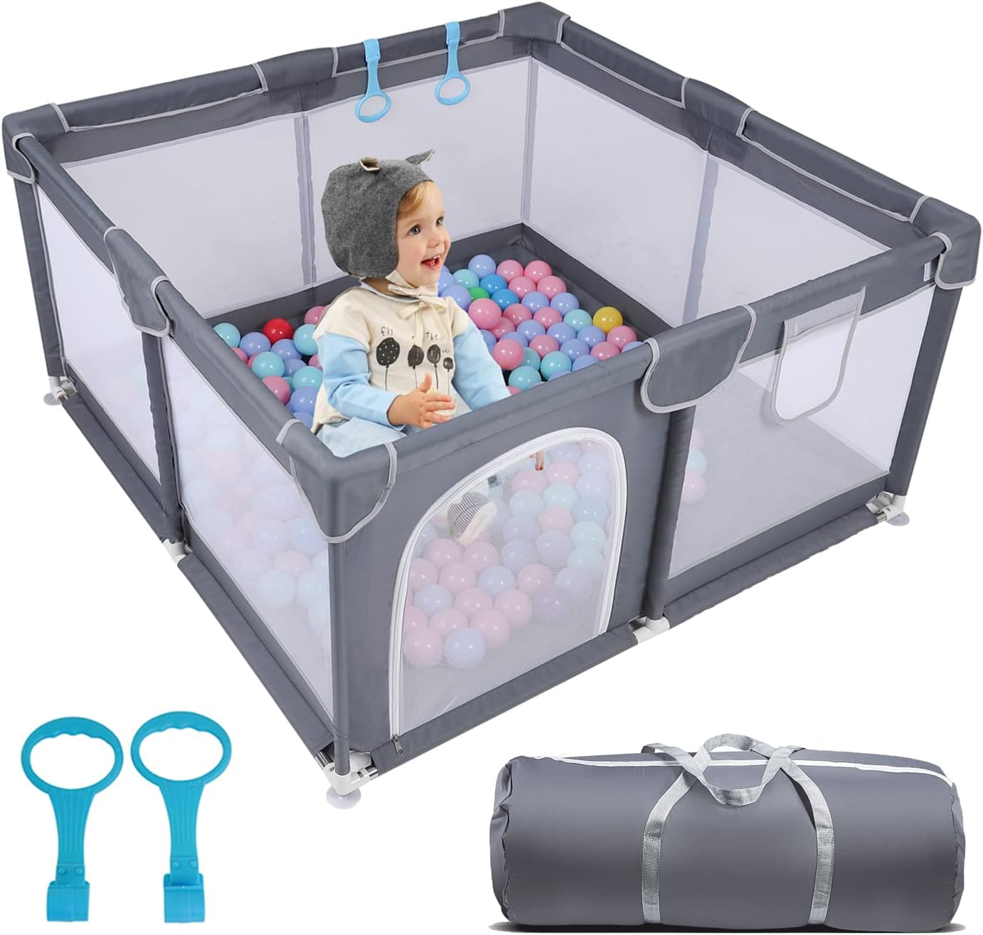 Baby Playpen for Toddler, Large Baby Playard, Babys Fence Play Area, Indoor & Outdoor Playard for Babies Kids Activity Center with Gate, Sturdy Safety Play Yard with Soft Breathable Mesh(Gray,50”×50”)